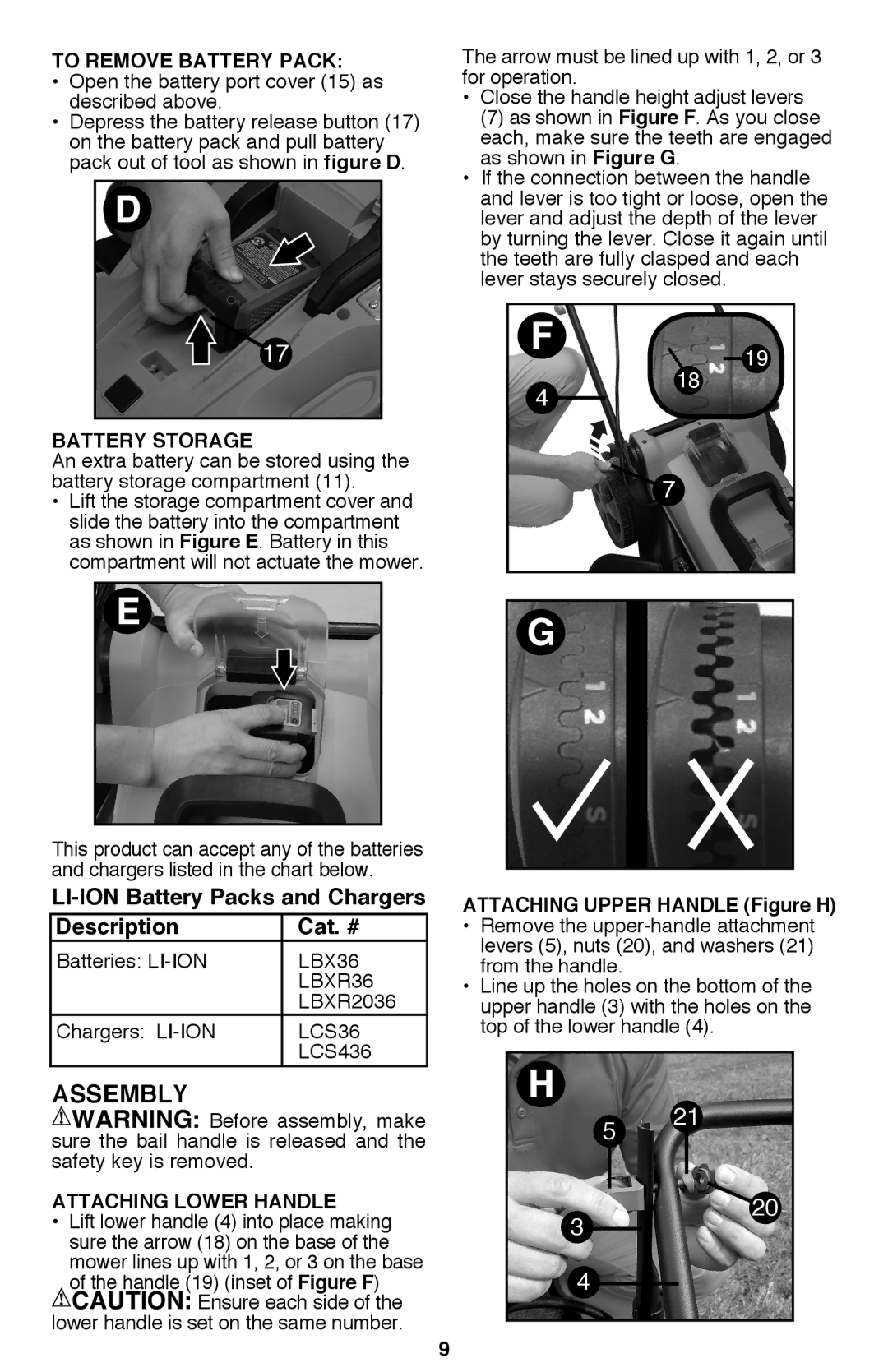 Black & Decker CM2040 instruction manual Assembly, To remove battery pack , Battery Storage, Attaching Lower Handle 